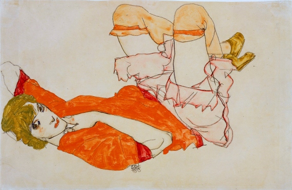 Egon Schiele: Wally w czerwonej bluzce z uniesionymi kolanami